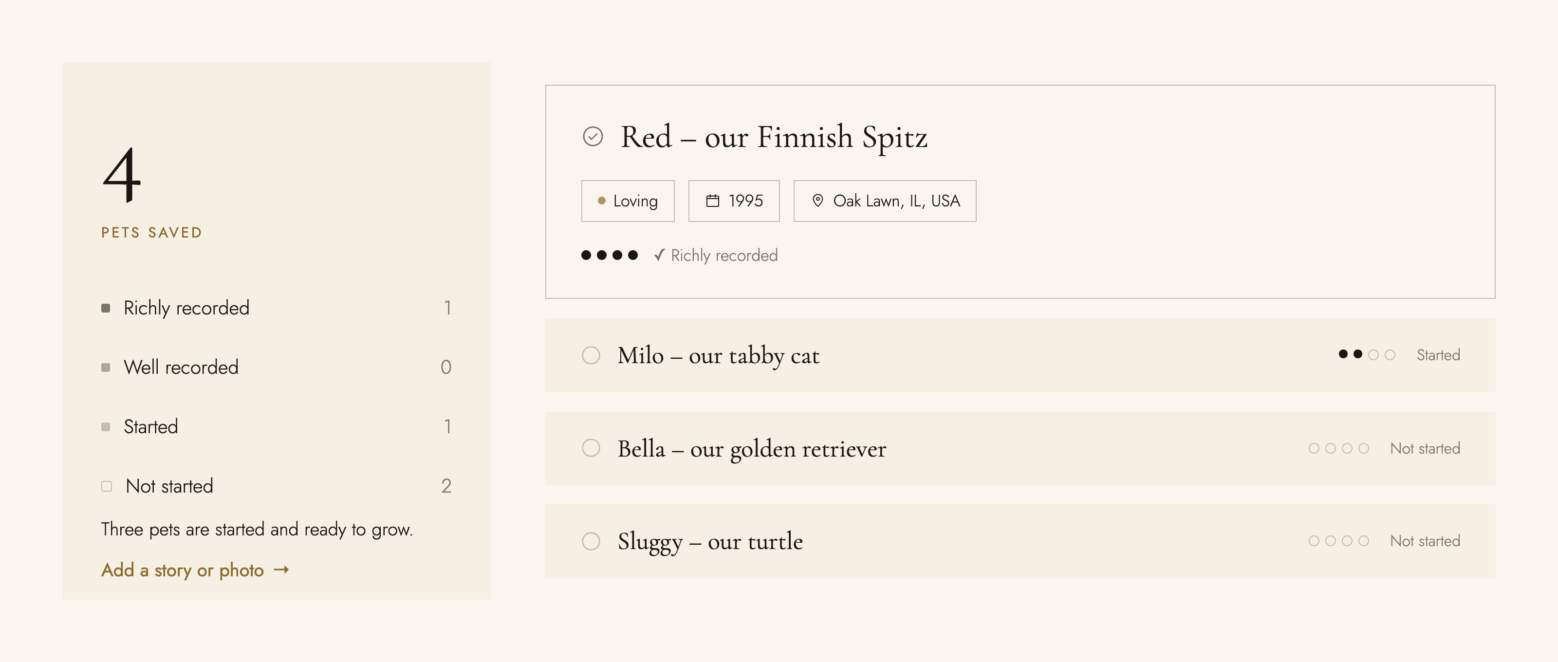 The List overview sidebar — the record's progress breakdown, and dot-fill progress next to each saved entry.