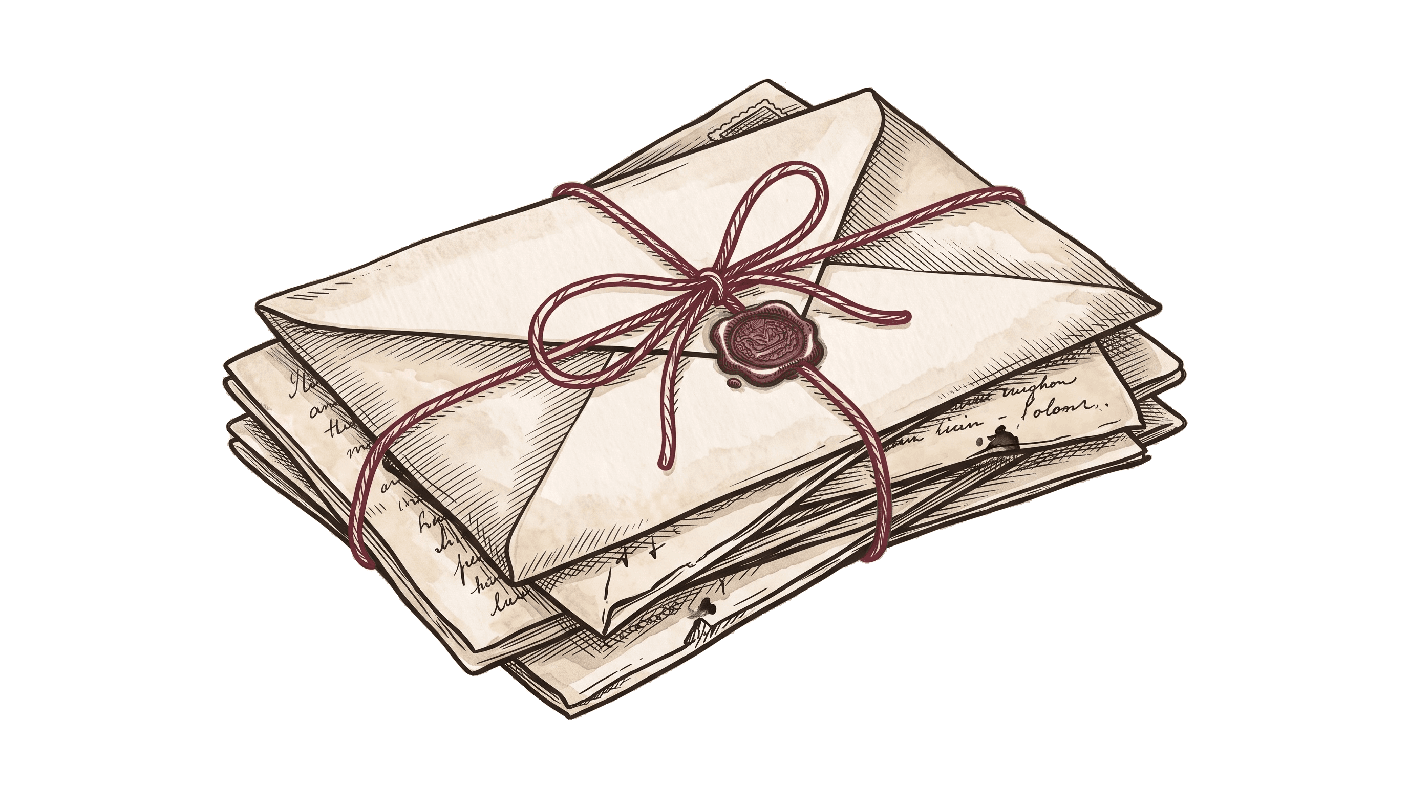 Illustration of a bundle of old letters tied with string